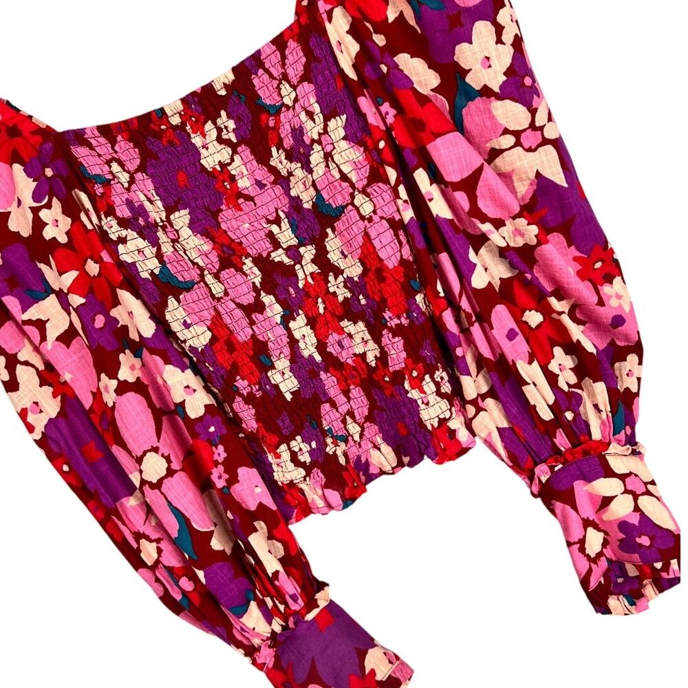 FREE PEOPLE Women's XS Floral Party Combo Ariana Art‎ Smocked Blouson Sleeve Top
